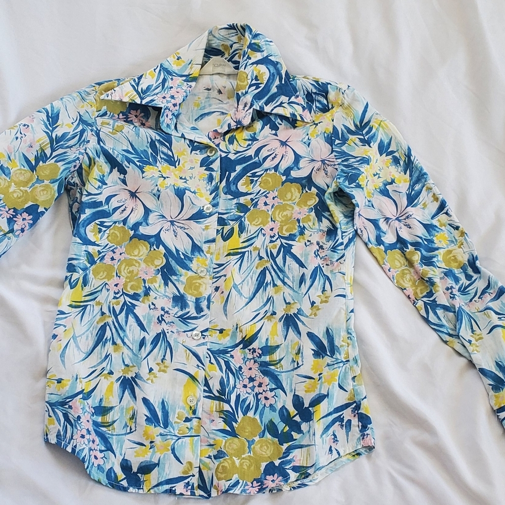 JC Penney Fashions Vtg 1970's Button Up Flowered Shirt, Sz 7, EUC Pointed Collar